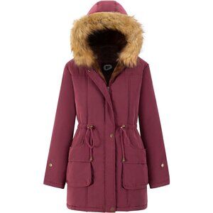 Women's Long Wine Red Hooded Jacket Overcoat Winter Warm Fleece Lined Fur Trim